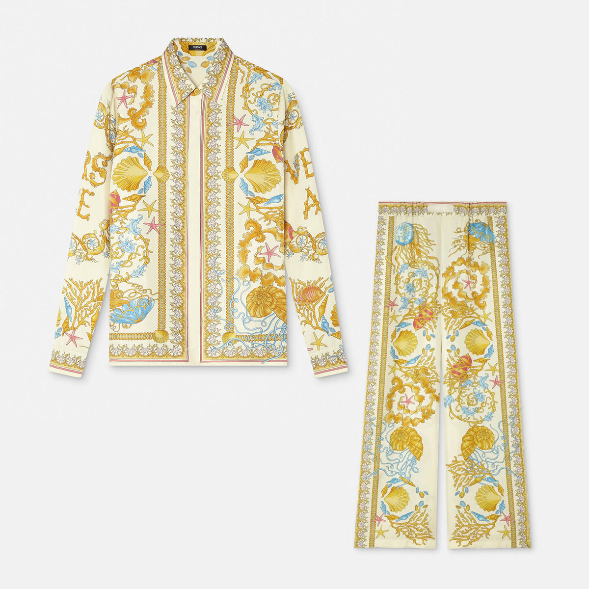 Versace Women's Summer Starfish Shell Pattern Printed Single Breasted Long Sleeved Silk Shirt And Casual Pants Set Suit #77192