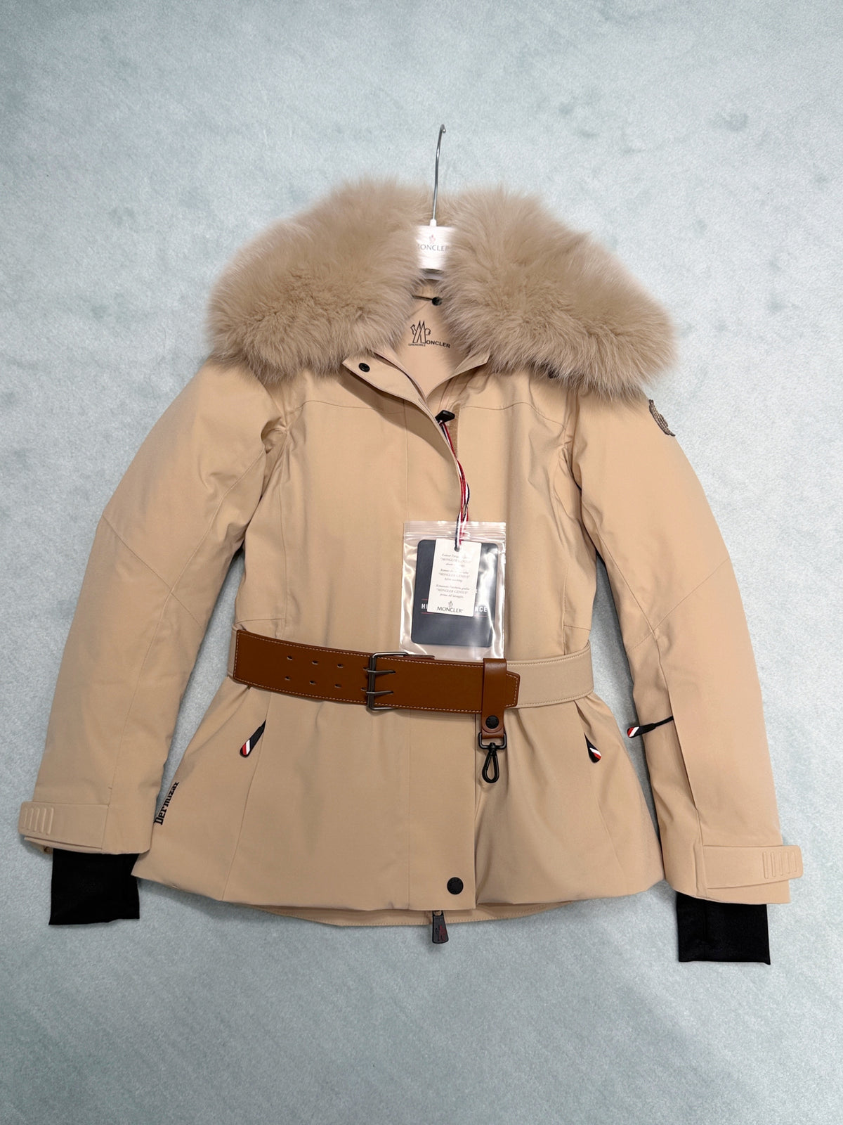Moncler Light Beige Vizelles Shearling-Trimmed Ski Jacket Short Down Jackets Pants #337131