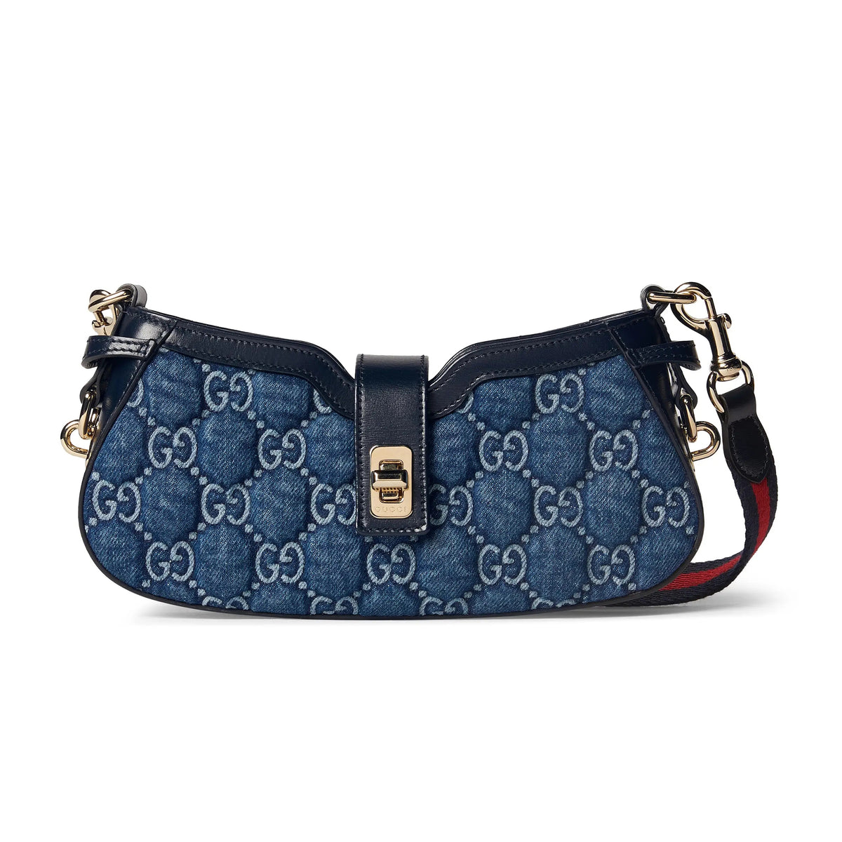 Gucci Moon Side Women's Blue Detachable Shoulder Strap Swivel Zipper Closure Denim Tote Shoulder Bag Bags #99713