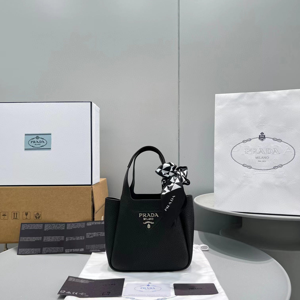 PRADA Litchi Grain Leather Tote Vegetable Basket Tote Bag #55115