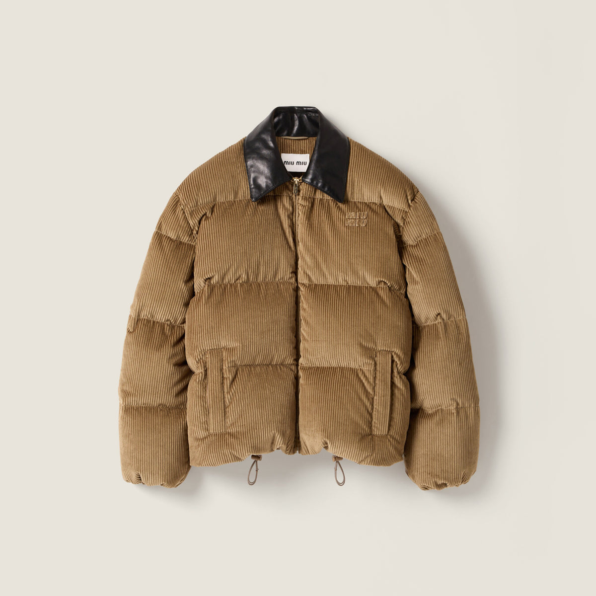 MiuMiu Women's Winter Fashion Casual Lapel Zipper Embroidered Corduroy Drawstring Hem Zipper Closure Down Coat Jacket #79244