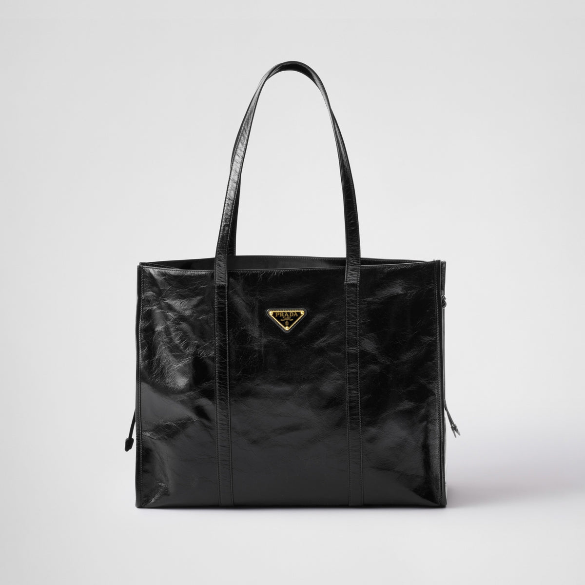 Prada Women's Black Metal Triangle Label Leather Shopper Tote Bag Handbag Bags #74627