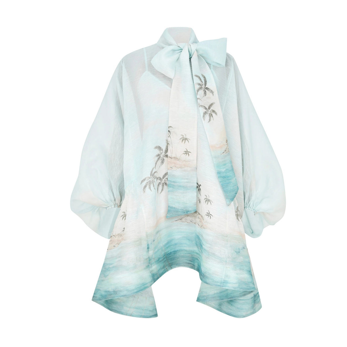 Zimmermann Women's Summer Blue Beach Pattern Printed Flutter Design Long Sleeve Dress #75612
