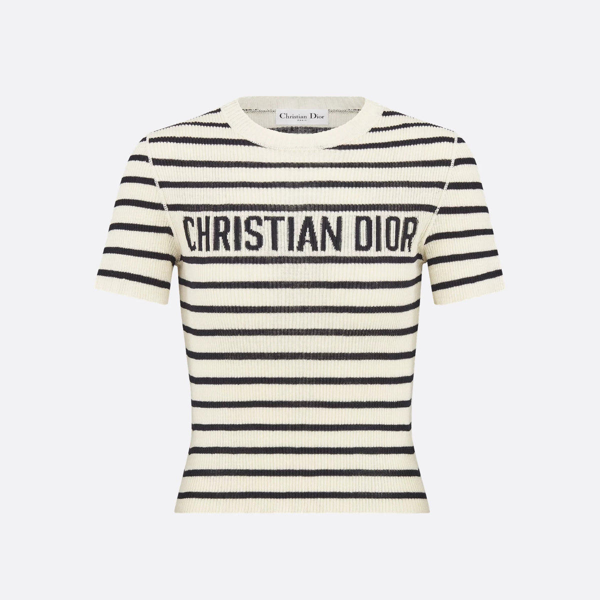 DIOR Women's Summer Black And White Striped Appliqu¨¦d Letters Knit Round Neck Short Sleeve T-shirt #76543