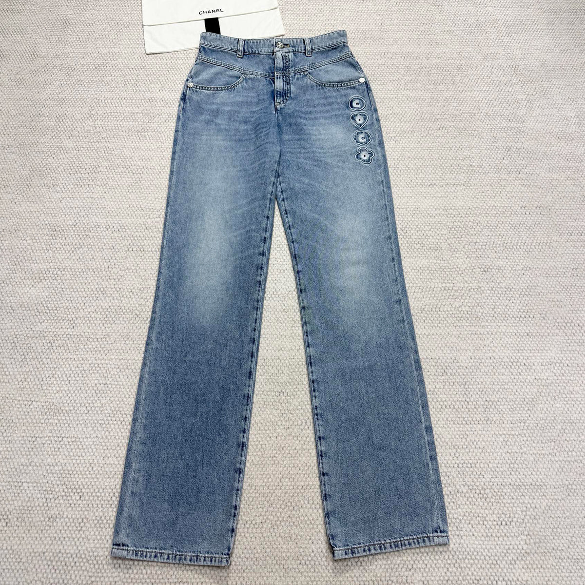 Chanel Women's CoCo Beach Four Seasons Solid Color Embroidered Straight Leg Denim Trousers Pants Ngvp #1699