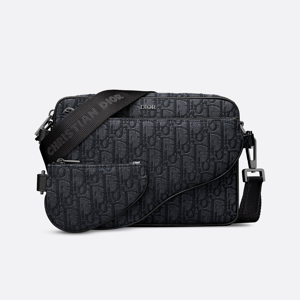 Dior Men's Black Embossed Pattern Magnetic Flap Leather Quilted Canvas Crossbody Saddle Bag Set of 3 #74786
