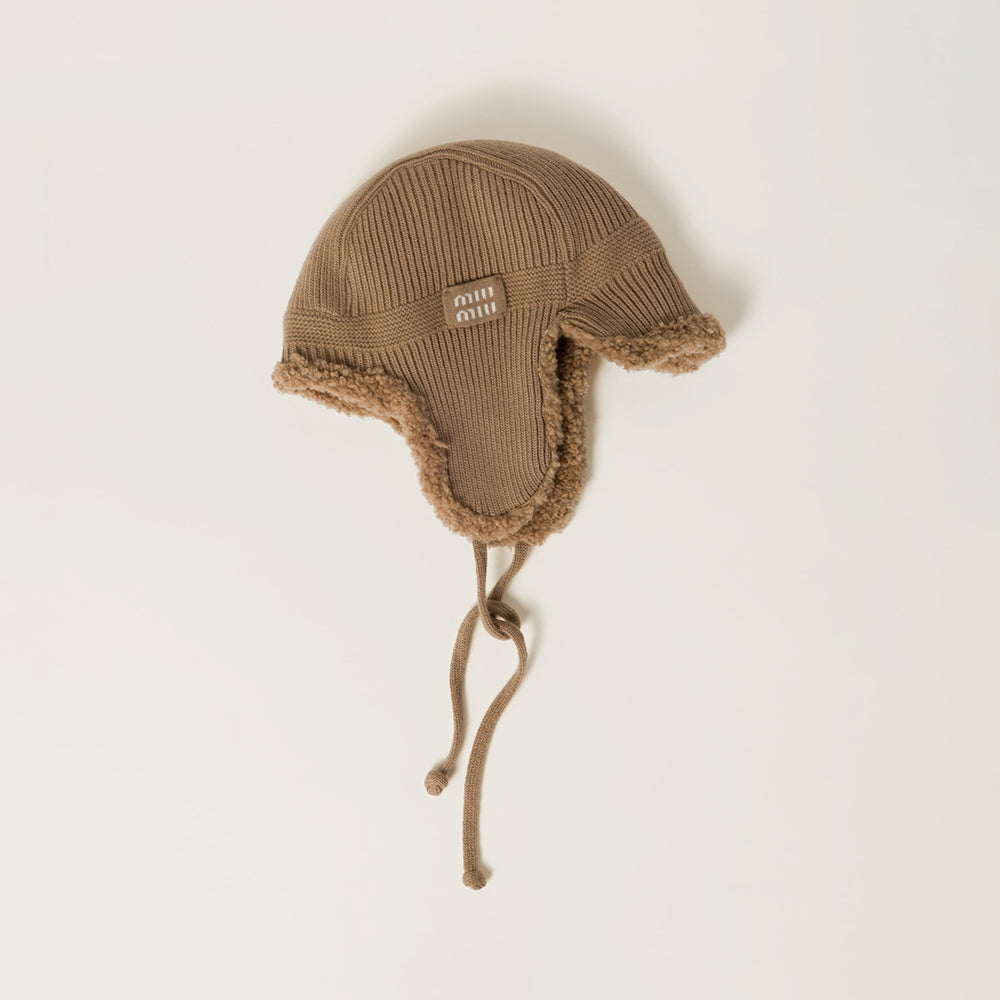 MiuMiu Camel Brown Wool Cashmere And Shearling Trapper Hat #335646