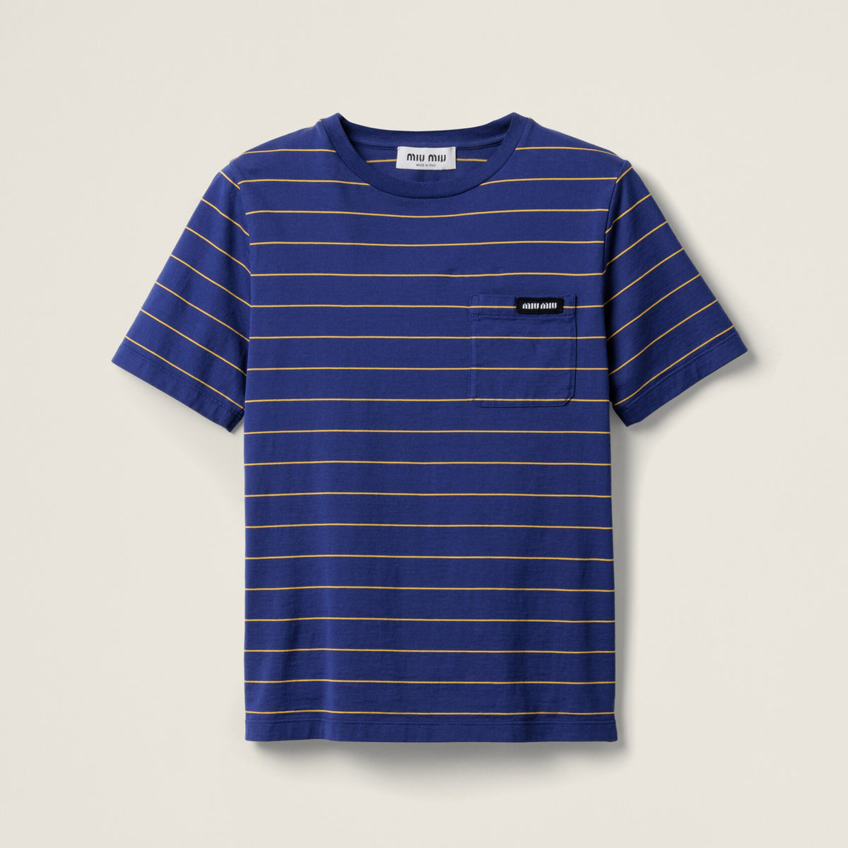 MiuMiu Women's Color Blocking Striped Logo Summer Round Neck Solid Color Knit Short Sleeve Jersey T-shirt #76921