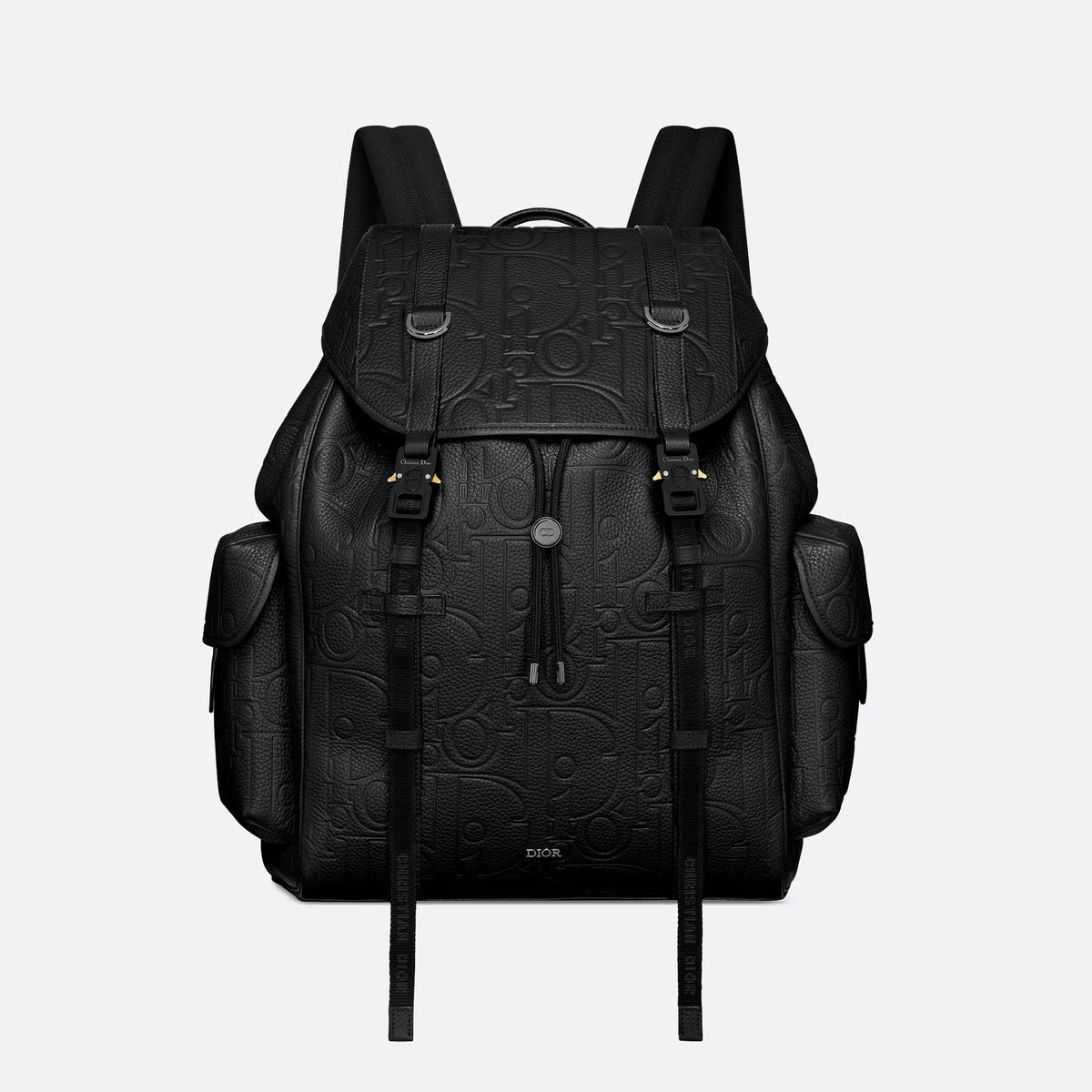 Dior Men's Black Adjustable Shoulder Strap Drawstring Closure Letter Embossed Grained Cowhide Shoulder Bag Bags #72871
