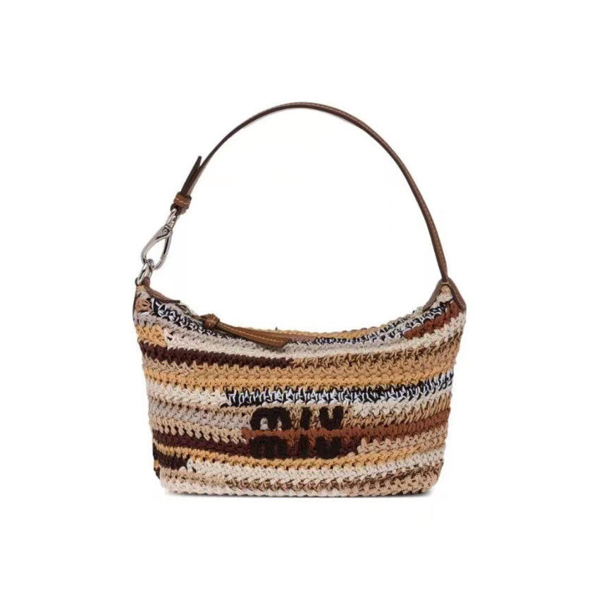 MiuMiu Ladies Brown Embroidered Engraved Logo Crochet Leather Handle Shoulder Underarm Tote Bag Bags #97874
