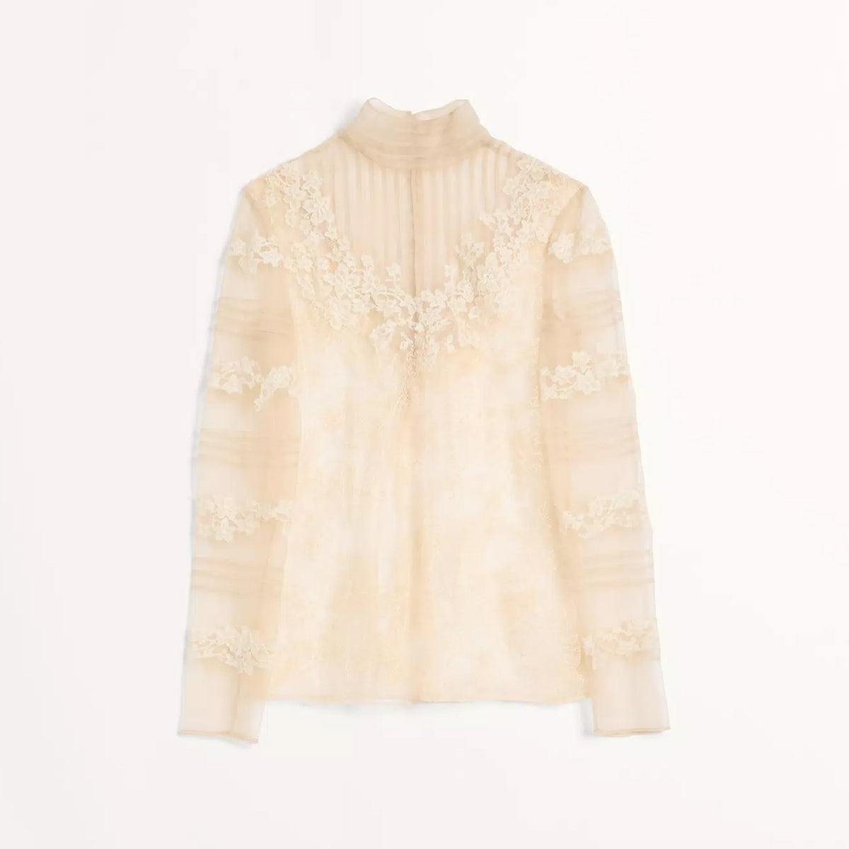 Valentino  Women's Lace Rose Embroidery Solid Color High Collar Spring and Autumn Long Sleeve Silk Two Piece Shirt Set Ngvp #1236