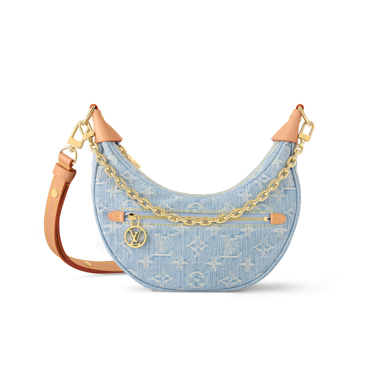 Loop Louis Vuitton Women's Blue Denim Aged Cowboy With Leather Crescent Tote Shoulder Bag Bags #99757