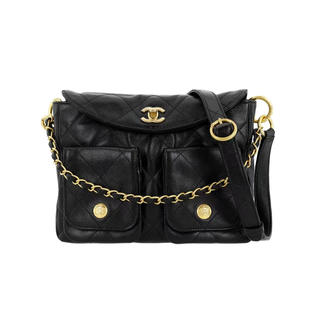 Chanel Supple Twins Women's Black Diamond Pattern Gold Buckle Chain Cowhide Shoulder Crossbody Bag #99148