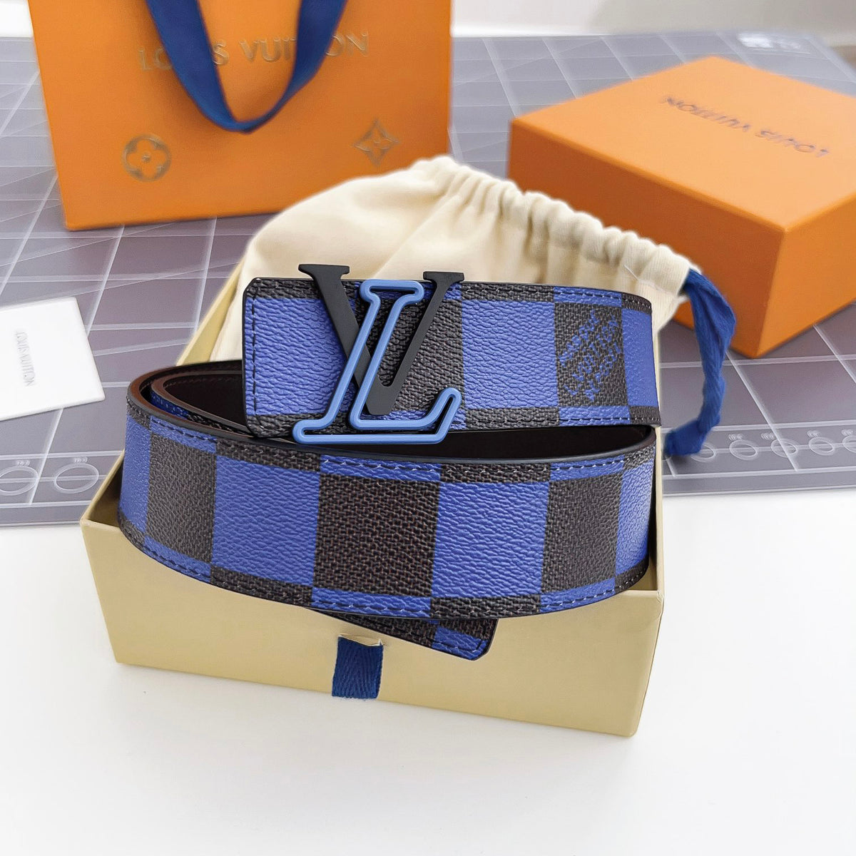 Louis Vuitton Men's Color Checkered Letter Logo Brown Leather Belt Width 4cm Accessory #72696