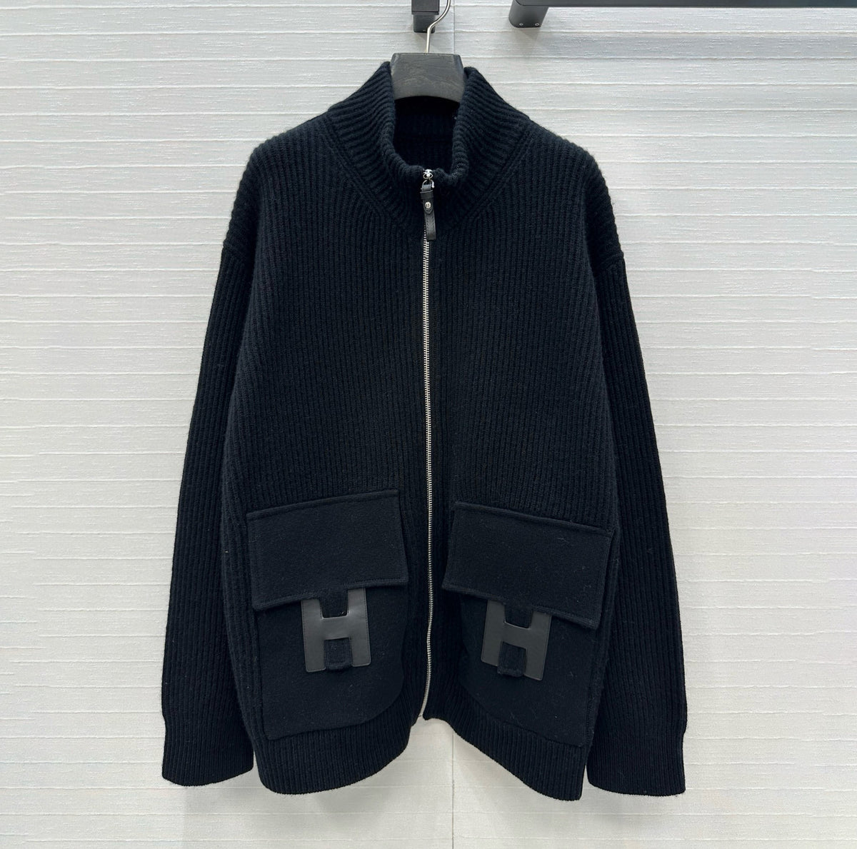 Hermes Women's Spring/summer Casual Fashion Solid Color Stand Up Collar Zipper Leather H-shaped Pocket Wool Knit Mid Length Coat Jacket #78292