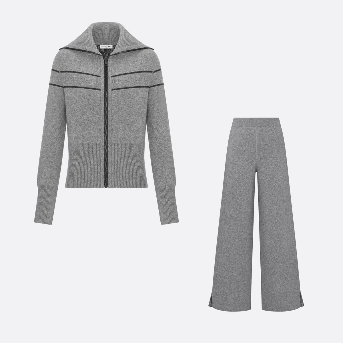 Dior Women's Fall/Winter Fashion Casual Reversible Cardigan with Zipper Oblique Print Wool Knit Cardigan With Elastic Waistband Solid Color Oblique Print Bell Bottom Pants Wide Leg Pants Suit Set #79342