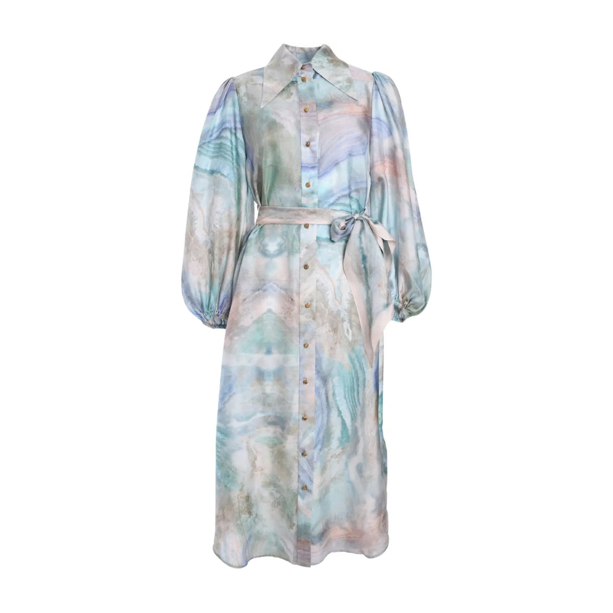 Zimmermann Women's Summer Blue Agate Print Single-Breasted Waist-cinched Long-sleeved Silk Dress #77179