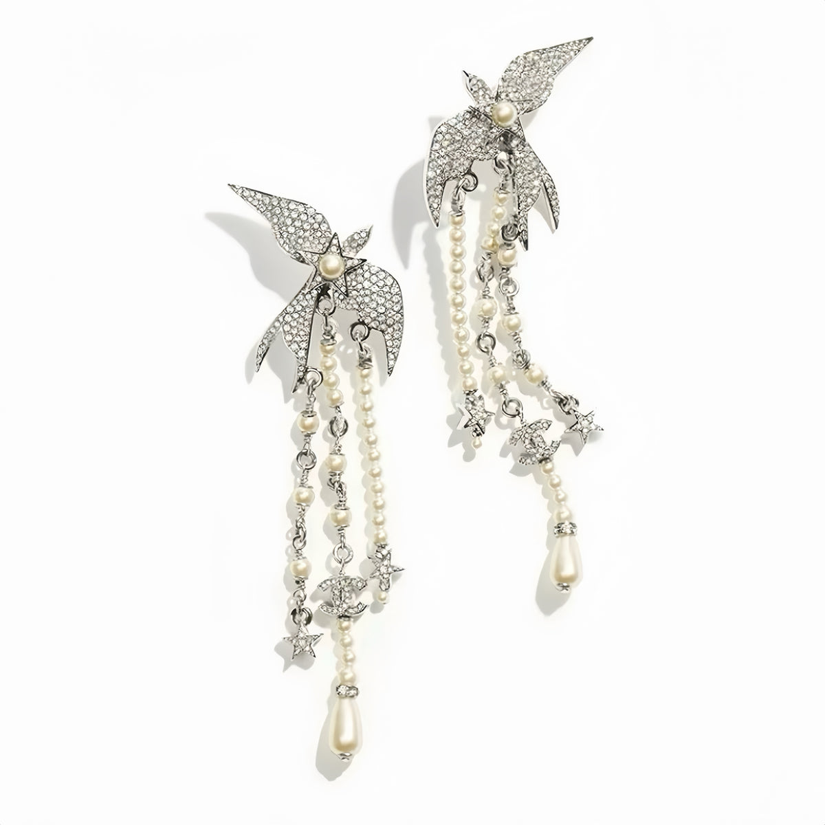 Chanel Pearl Crystal CC StarBird Drop Earrings Silver Pearly White #387523
