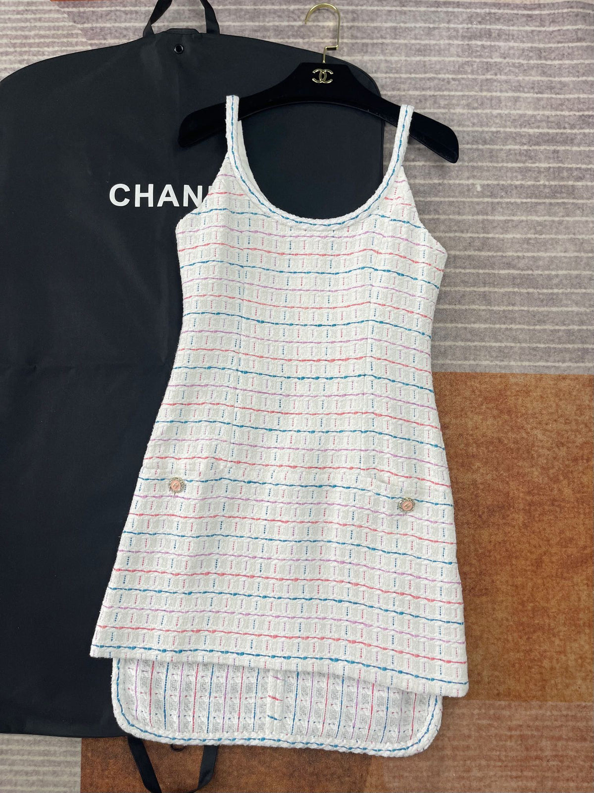 Chanel Dress Tweed White Blue Purple Pink #335874