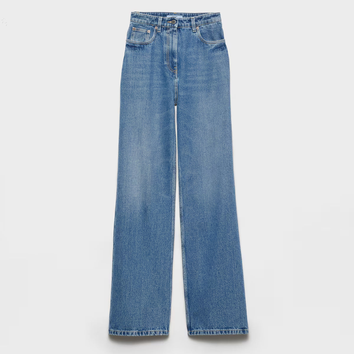 Prada Women's Spring And Fall Five-pocket Jeans Loose Retro Washed Fashion Elegant Triangle Metal Emblem Logo Straight Long Denim Pants  #81442