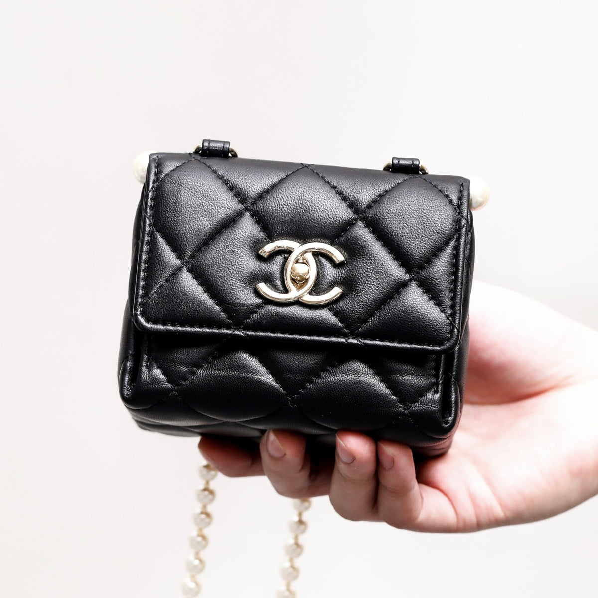 Chanel Women's Pearl Chain Black Lambskin Flap Mini Box Bag Shoulder Crossbody Bags #99664