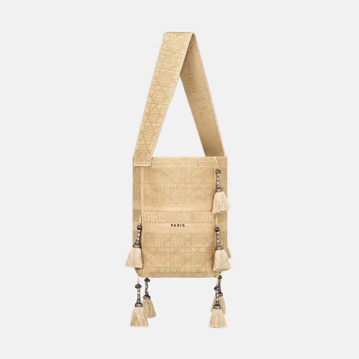 Dior Women's Beige D-BUBBLE Rattan Checkered Embroidery Straw Effect Canvas Bucket Bag Shoulder Bag Tote #97188