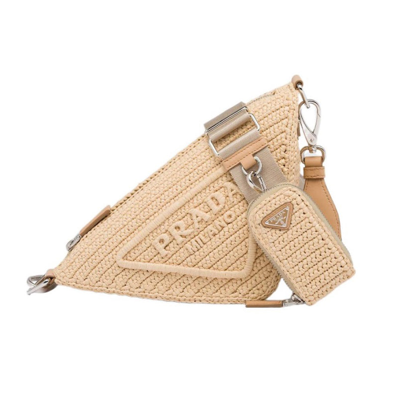 Prada Women's Embroidered Triangle Logo Zipper Grass Woven Handbag Triangle Bag #98286