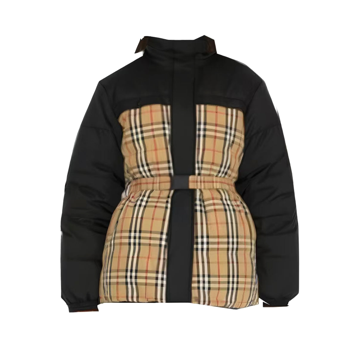 Burberry Women's Winter Fashion Casual Color Blocked High Neck Zipper Reversible Checkered Waist-Defining Down Jacket #78983