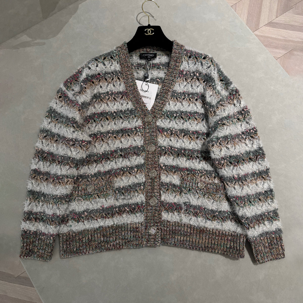 Chanel Women's Spring/Fall V-Neck Single-Button Hollow Knit Multi-Color Long-Sleeve Cardigan Casual Short Skirt Suit Set Ngvp #2355