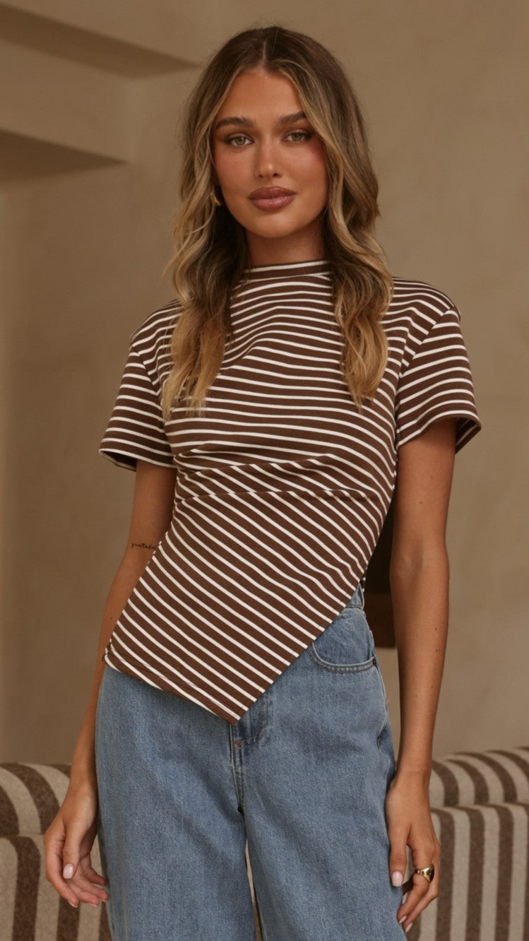 Tiarna Side Ruched Tee - Brown/White Stripe