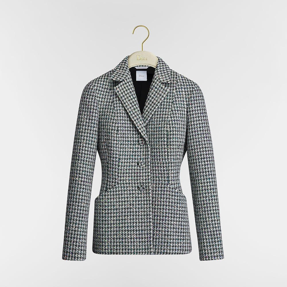 Dior Bar Blazer Skirt Black and White Houndstooth Virgin Wool Blend With Multicolor Sequins #377177