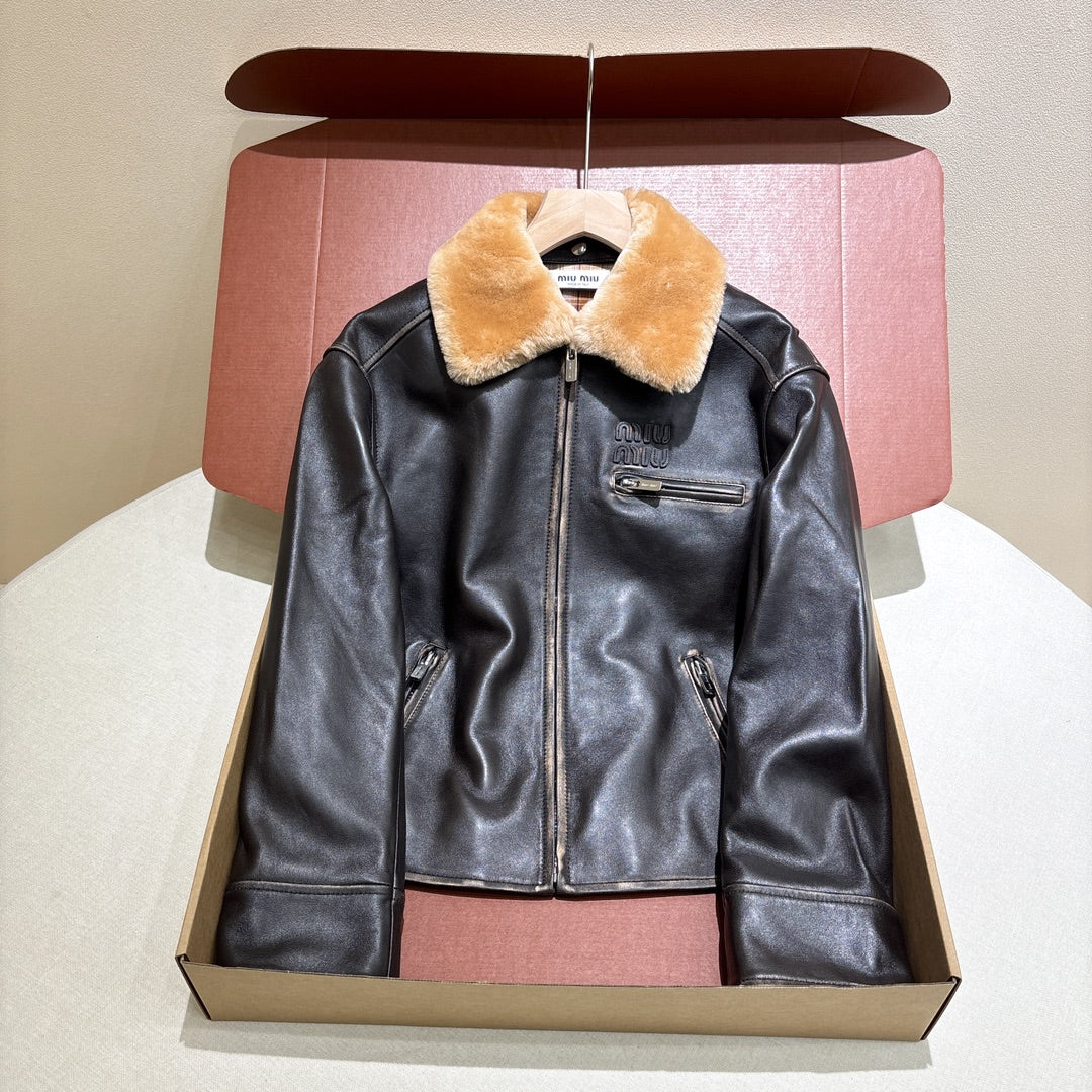 MiuMiu Women's Fur Collar Vintage Distressed Zip Black Nappa Leather Jacket #332783