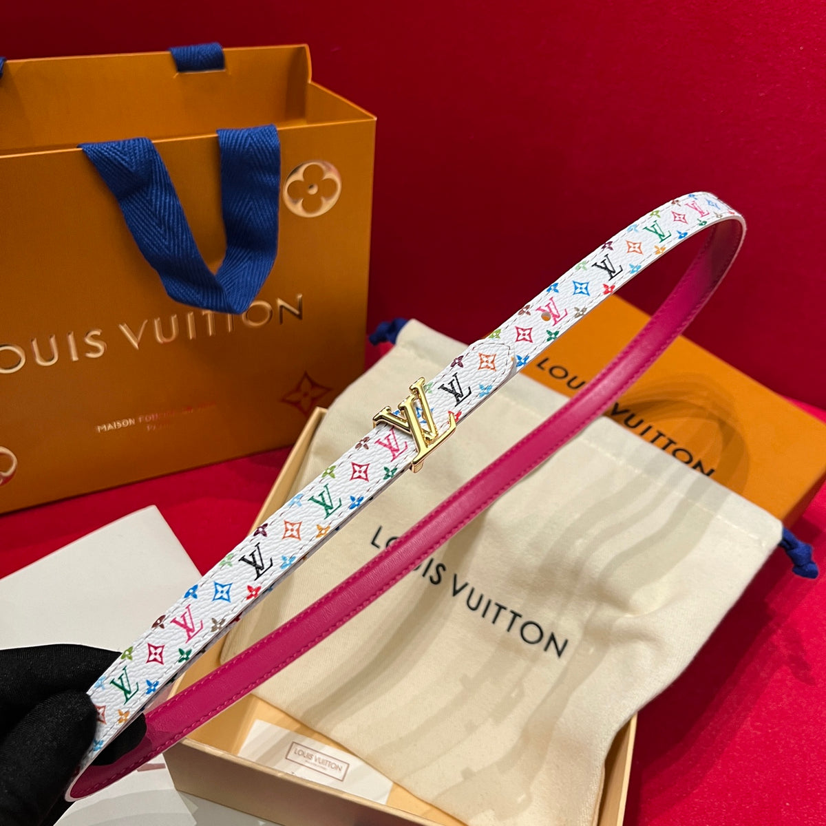 Louis Vuitton Women's Colorful Letter Printed Leather 1.5cm Reversible Belt #75336