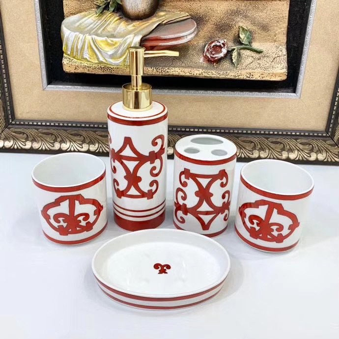 Hermes Red Iron Window Series Lotion Bottle Soap Box Toothbrush Box Mouthwash Cup Bone China Bathroom Five Sets Of Accessories #71549