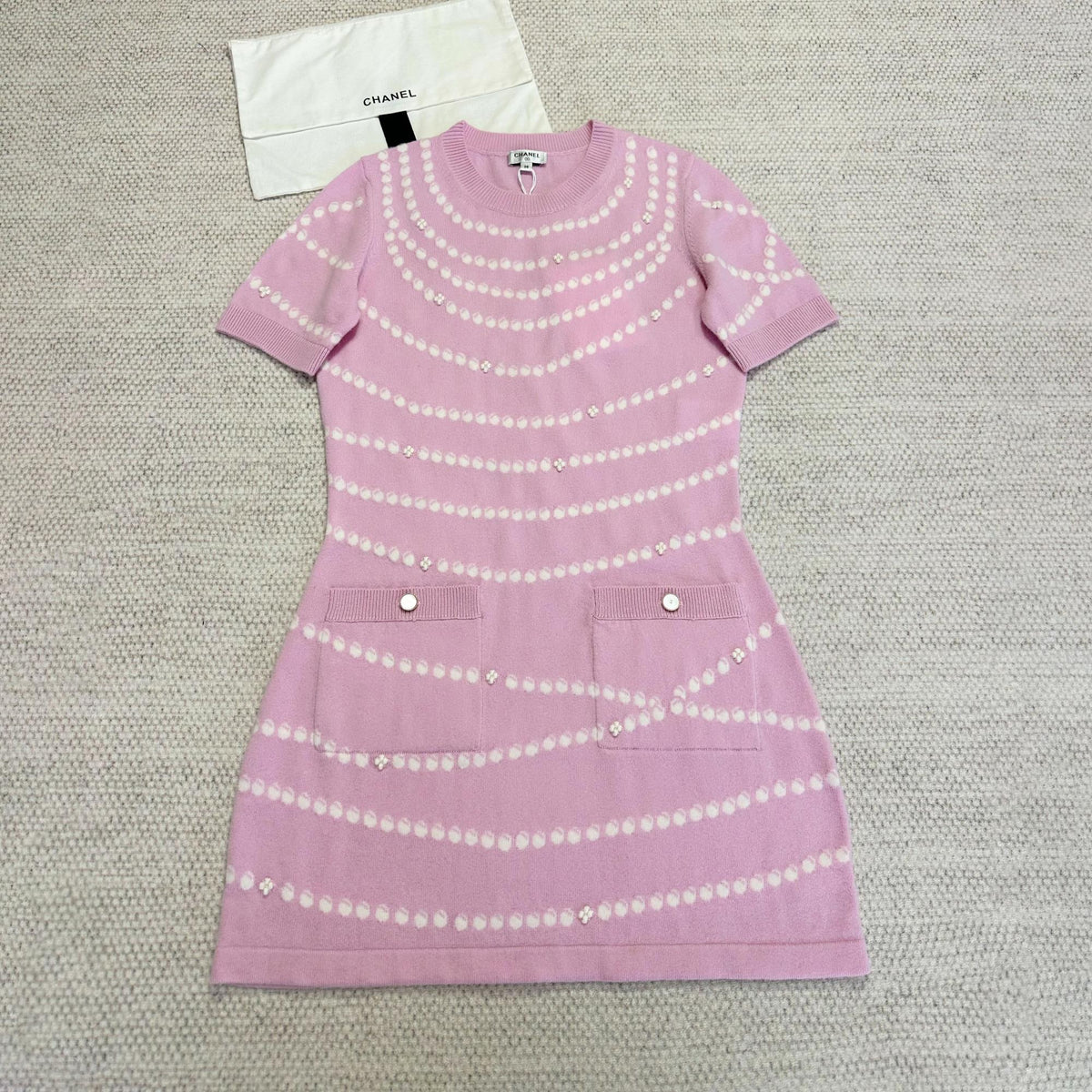 Chanel Women's Spring/Summer Solid Color Pearl Chain Printed Cashmere Short Sleeve Dresses #76518