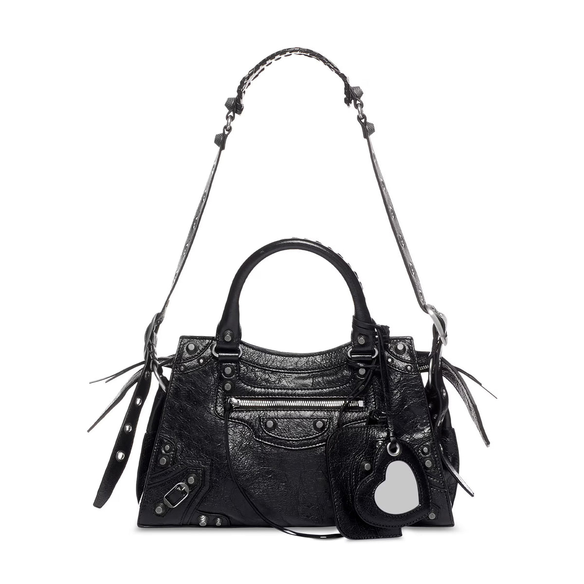 Balenciaga NEO CAGOLE CITY Trendy And Stylish Retro Motorcycle Metal Rivet Leather Zipper Love Pendant Card Bag Handbag Crossbody Bag 736046210B01000 Ngvp #71267