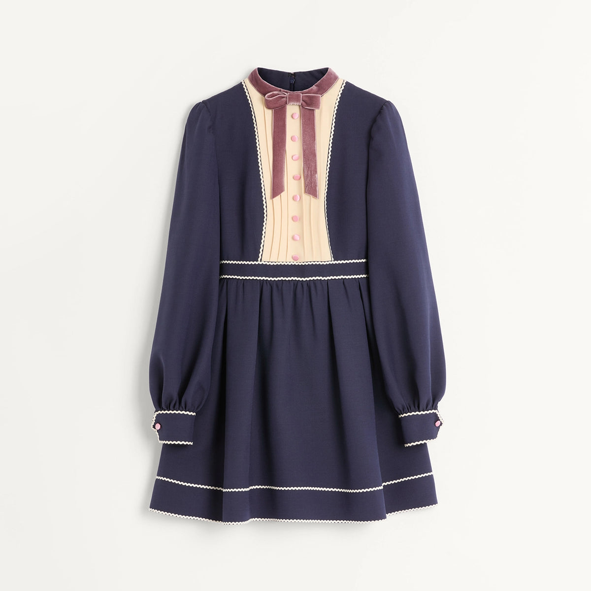 Valentino Women's Crepe Couture Velvet Colorblocking Round Neck Short Silk Wool Dress For Spring And Autumn Ngvp #1832