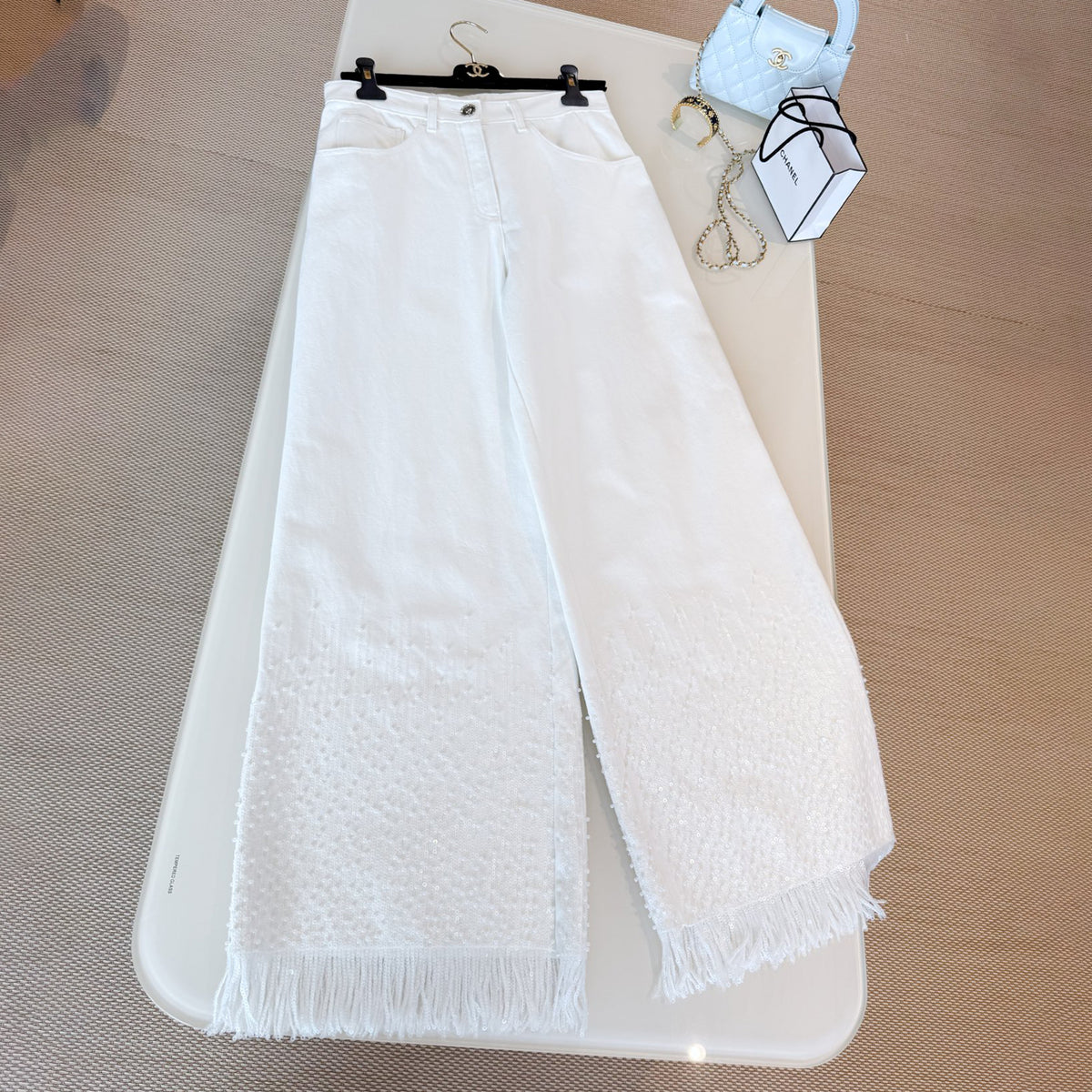 Chanel Women's Spring/summer Sequined Fringe Straight-leg Pants Black And White Denim Loose-fit Wide-leg  Long Pants Trousers Ngvp #2169