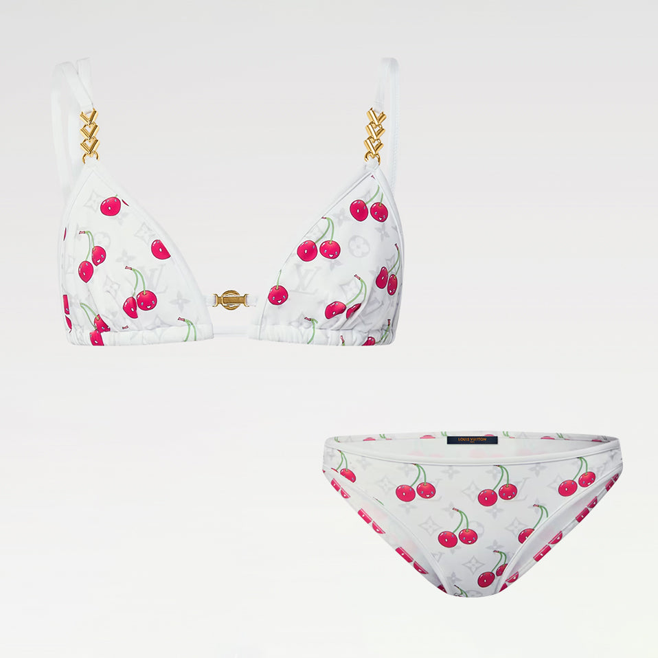 Louis Vuitton LV x TM ? Women's Cherry Print Triangle Knit Bikini Top Swimsuit Swim Bottoms #81514