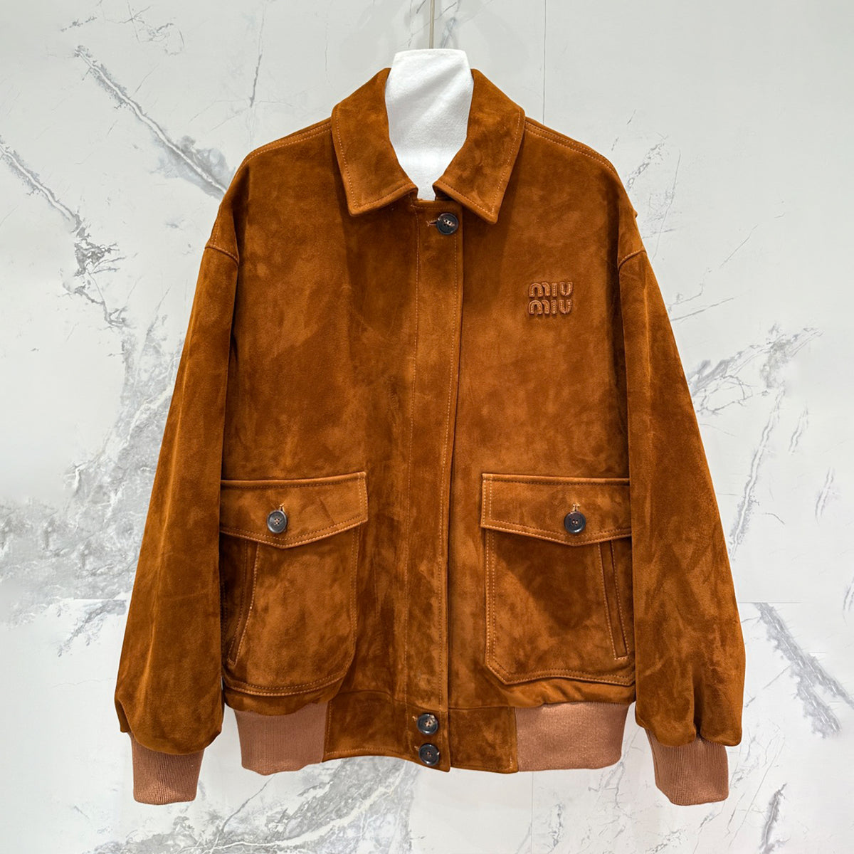 MiuMiu Women's Autumn And Winter Luxury Suede Leather Pilot Jacket Fashion Trend Solid Color Ban Lapel Jacket #81614