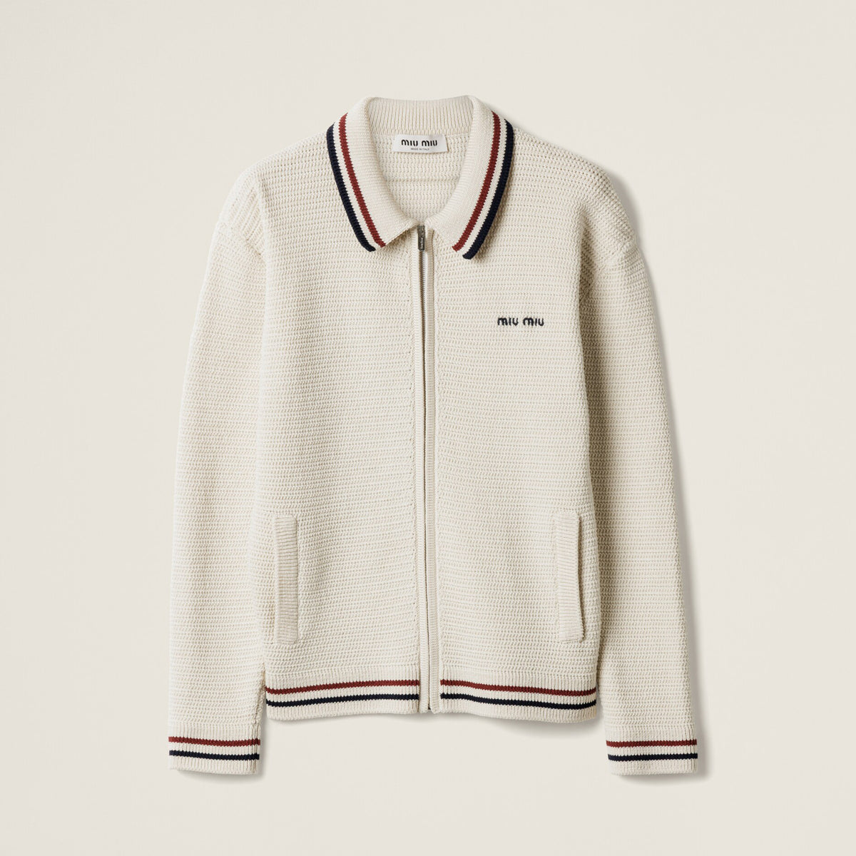 MiuMiu Women's Spring. Autumn And Winter Logo Embroidery Lapel Zipper Stripe Solid Color Long Sleeve Cotton Knit Cardigan Jacket #81288