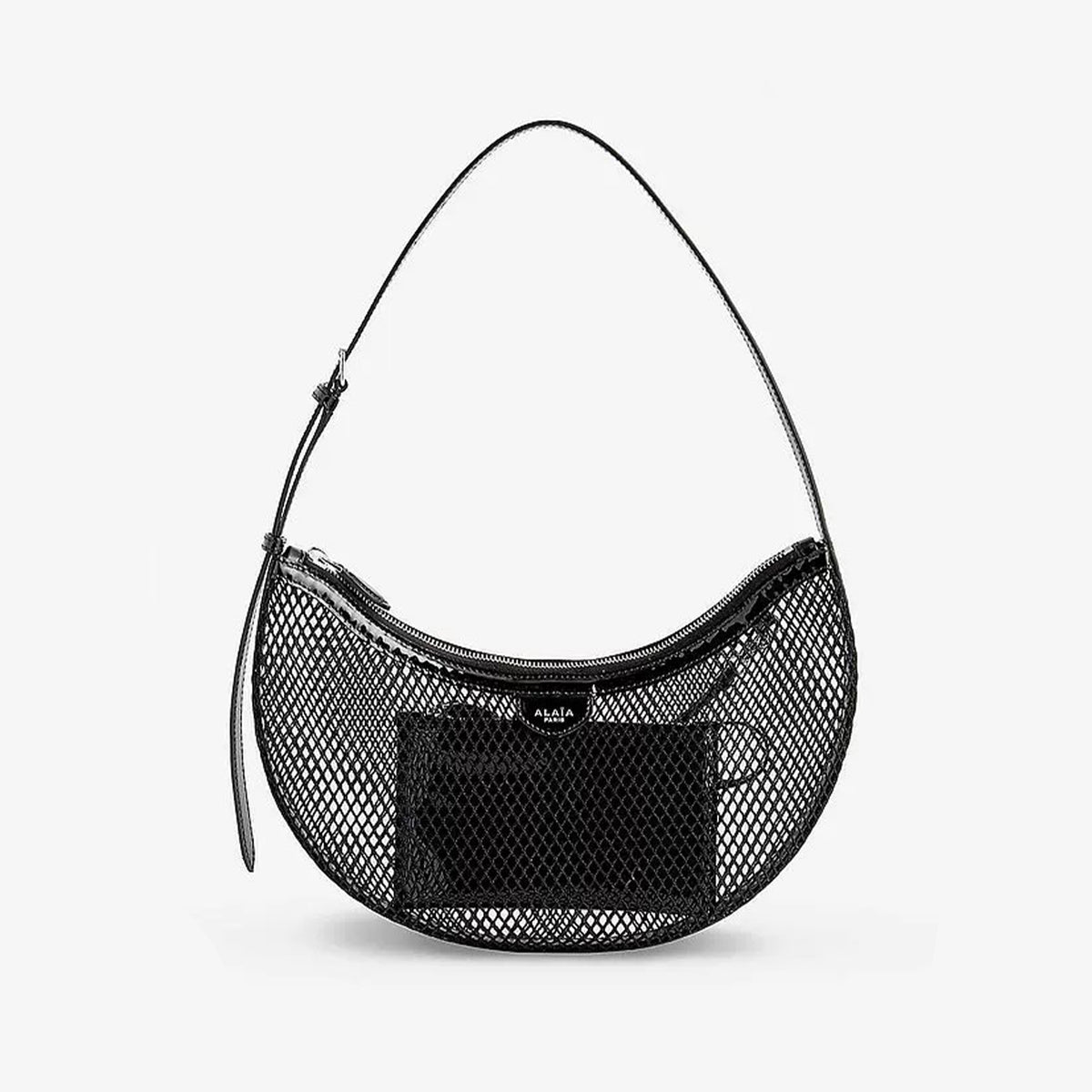 Alaia Women's Black Fishing Net Half Moon Bag Simple Elegant Zipper Underarm Bag Hollow Handbag Removable Patent Leather Inner Bag Shoulder Bags AA1S02731CA266999 Ngvp #9227