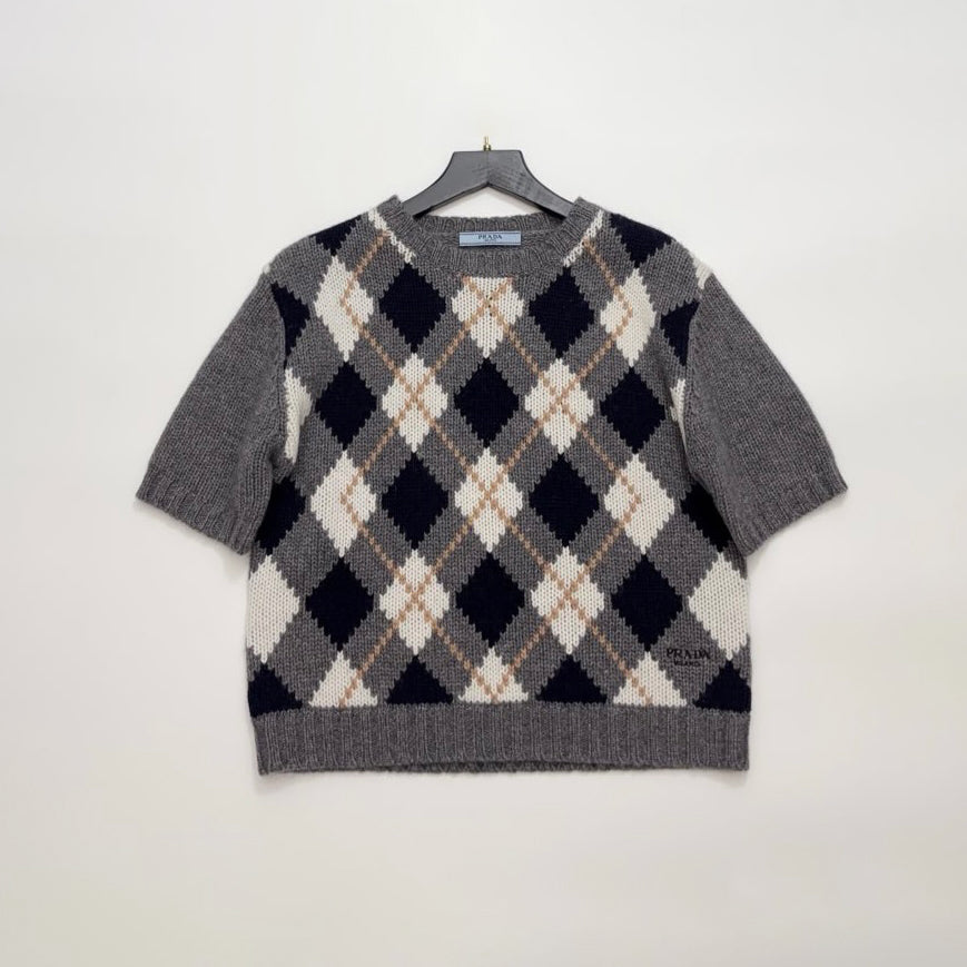 Prada Women's Spring/Fall Casual Fashion Round Neck Diamond Pattern Cashmere Knit Sweater Letter Embroidered Short Sleeve Pullover T-Shirt #78837