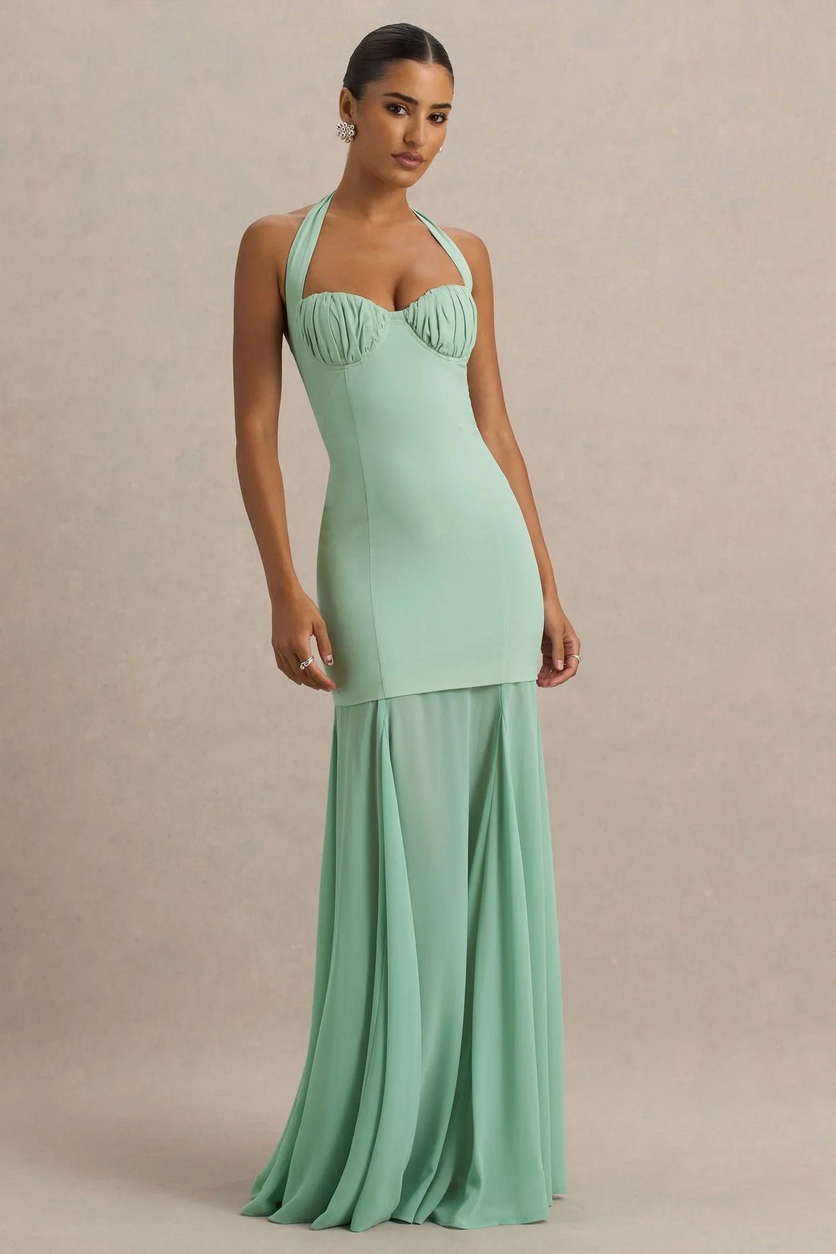 Kirby | Sage Corset Halter-Neck Maxi Dress With Sheer Detail