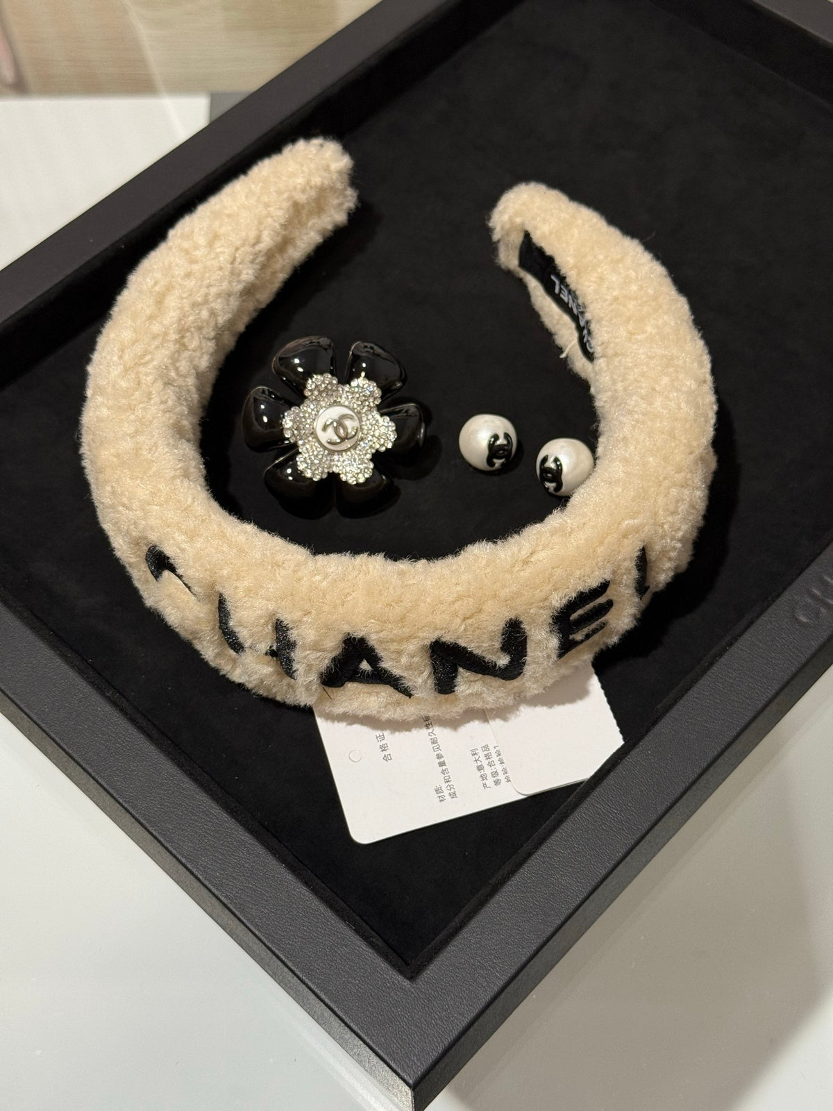 Chanel White Plush Black Woven Wire Letter Headband Hairpin #377070