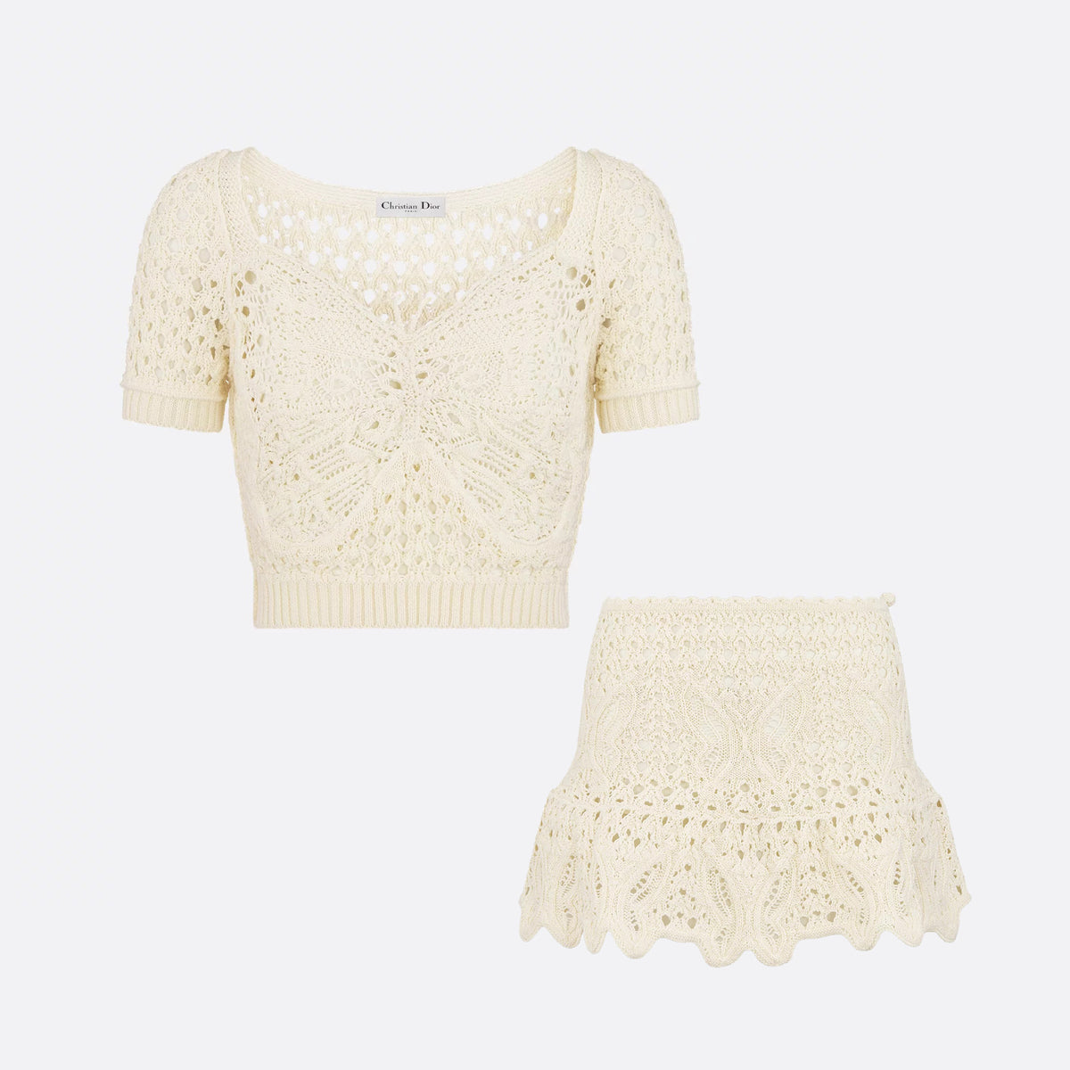 Dior Women's Summer Off-white Cotton Crochet Effect Knitted Butterfly Pattern Short Top And Casual Skirt Set Suit #77484