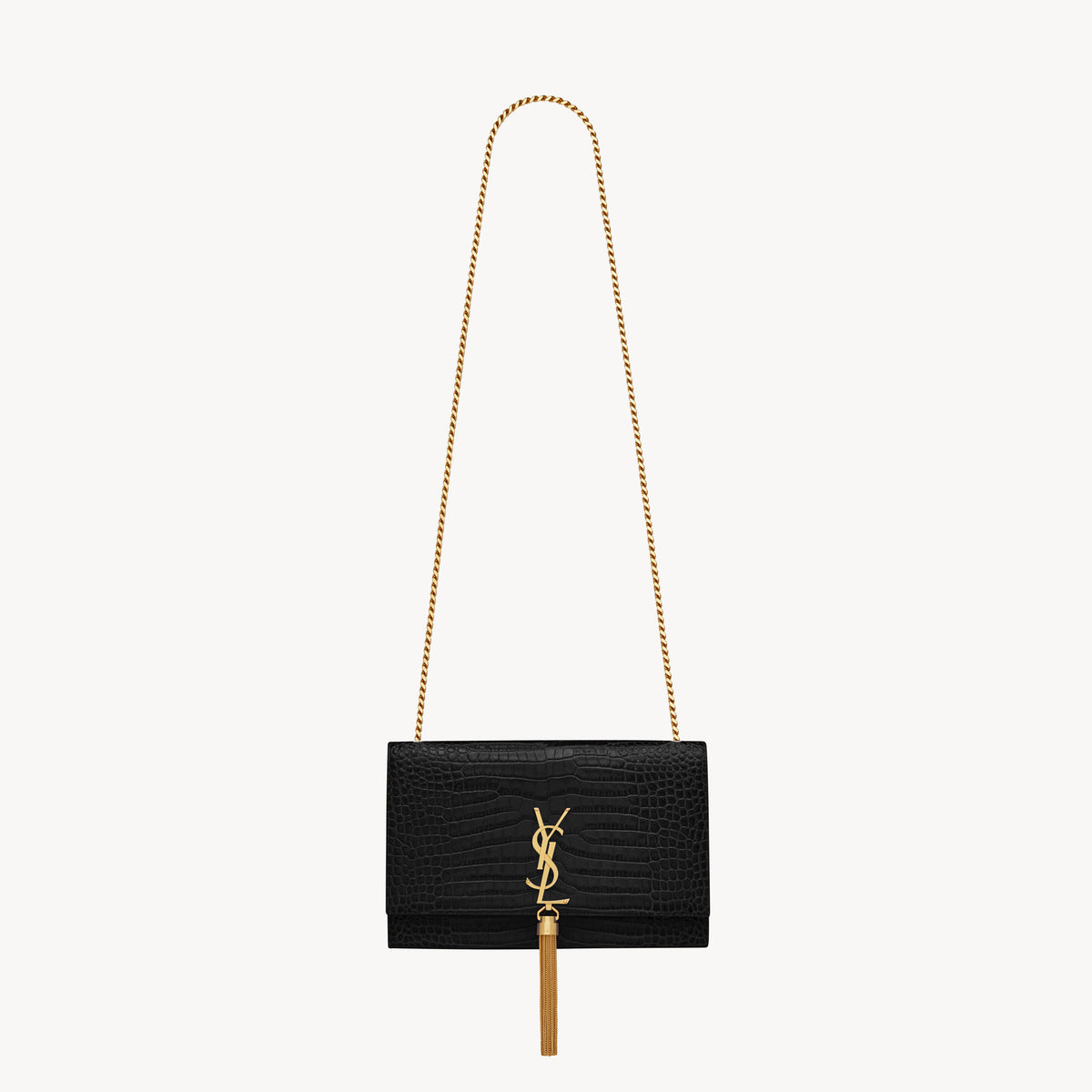 SAINT LAURENT Women Black Gold Label Logo Chain Crocodile Embossed Glossy Cowhide Crossbody Shoulder Bag Bags #74268