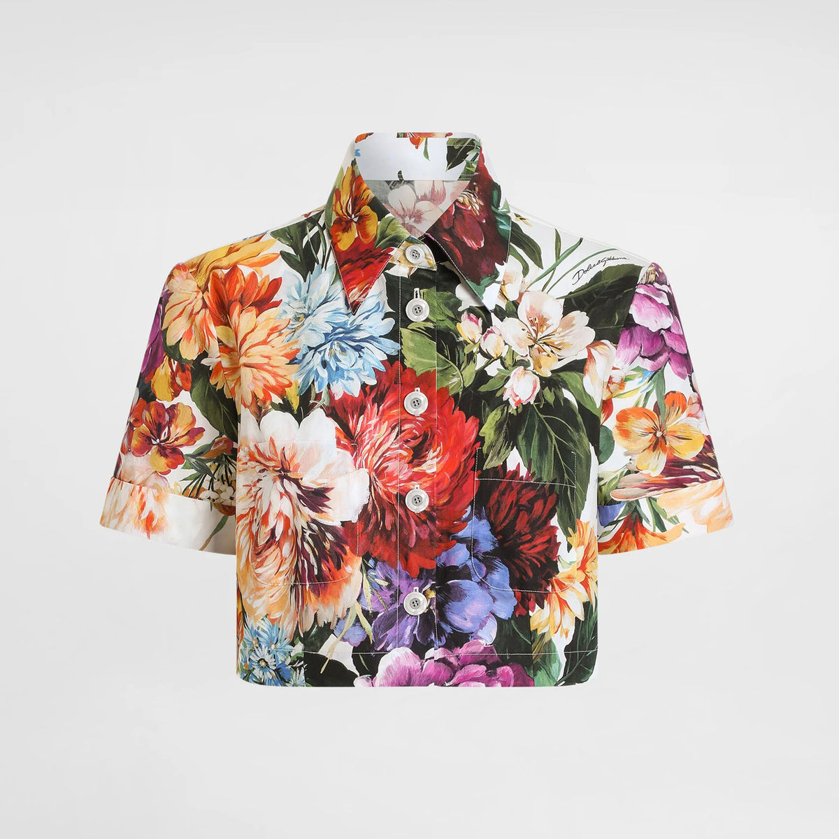 Dolce&Gabbana Women's Flower Bouquet-Print Poplin Shirt Summer Single-Breasted Collared Short-Sleeve Top Ngvp #2377