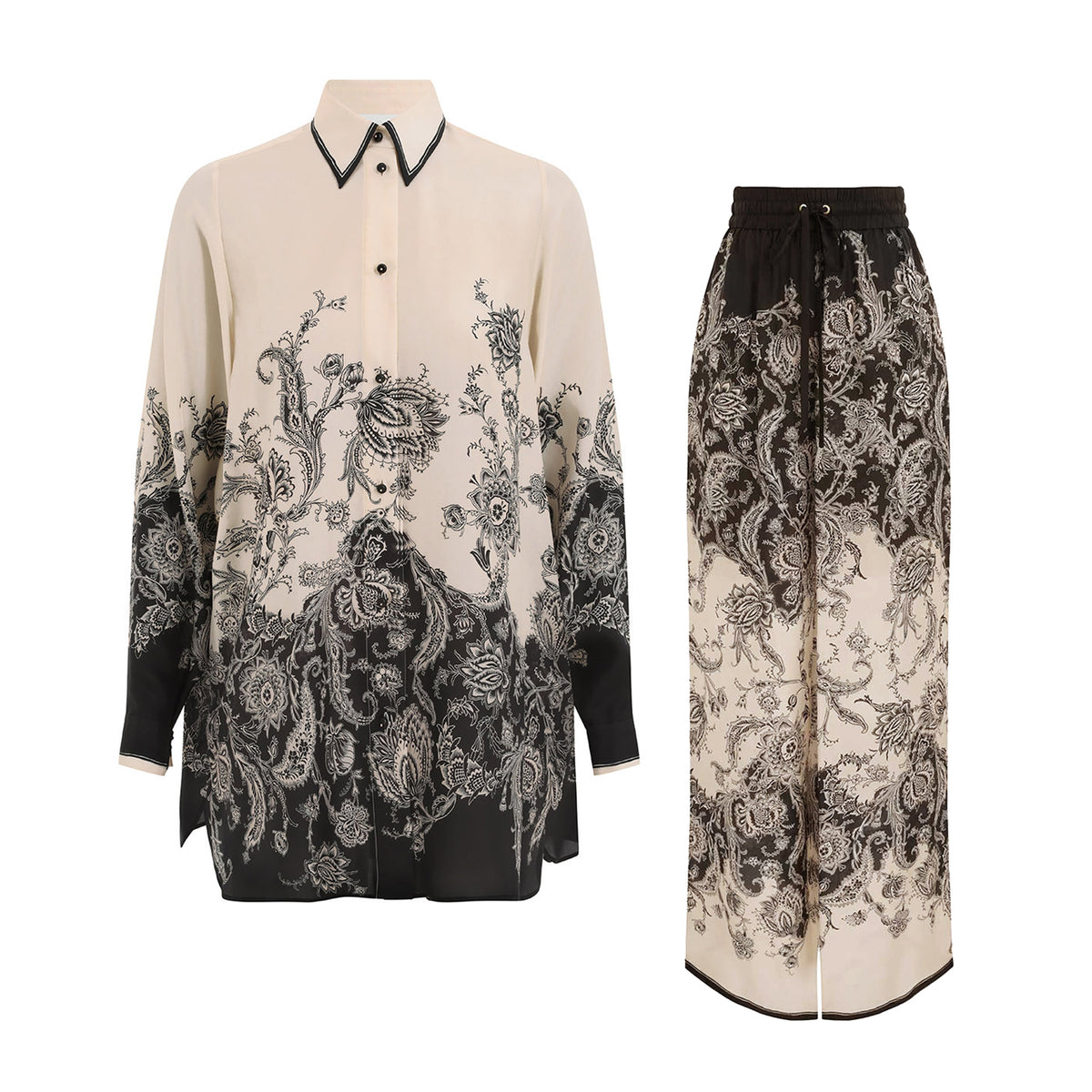 Zimmermann Women's Spring Summer Black Floral Pattern Single Breasted Long Sleeve Shirt Drawstring Tie Casual Pants Set Suit #76415