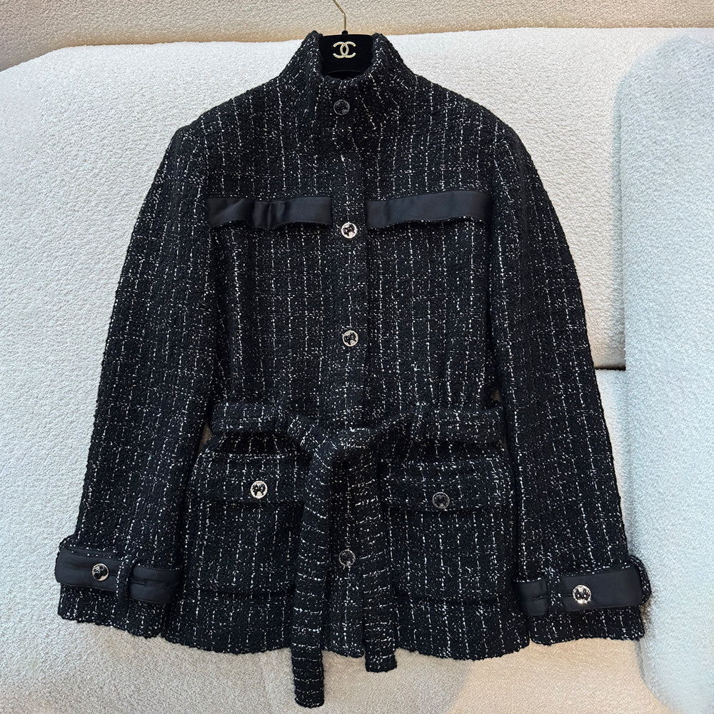 Chanel 25FW Women's Tunic Jacket Cashmere Tweed Thick Flower Stand Collar Mid Length Style #332919
